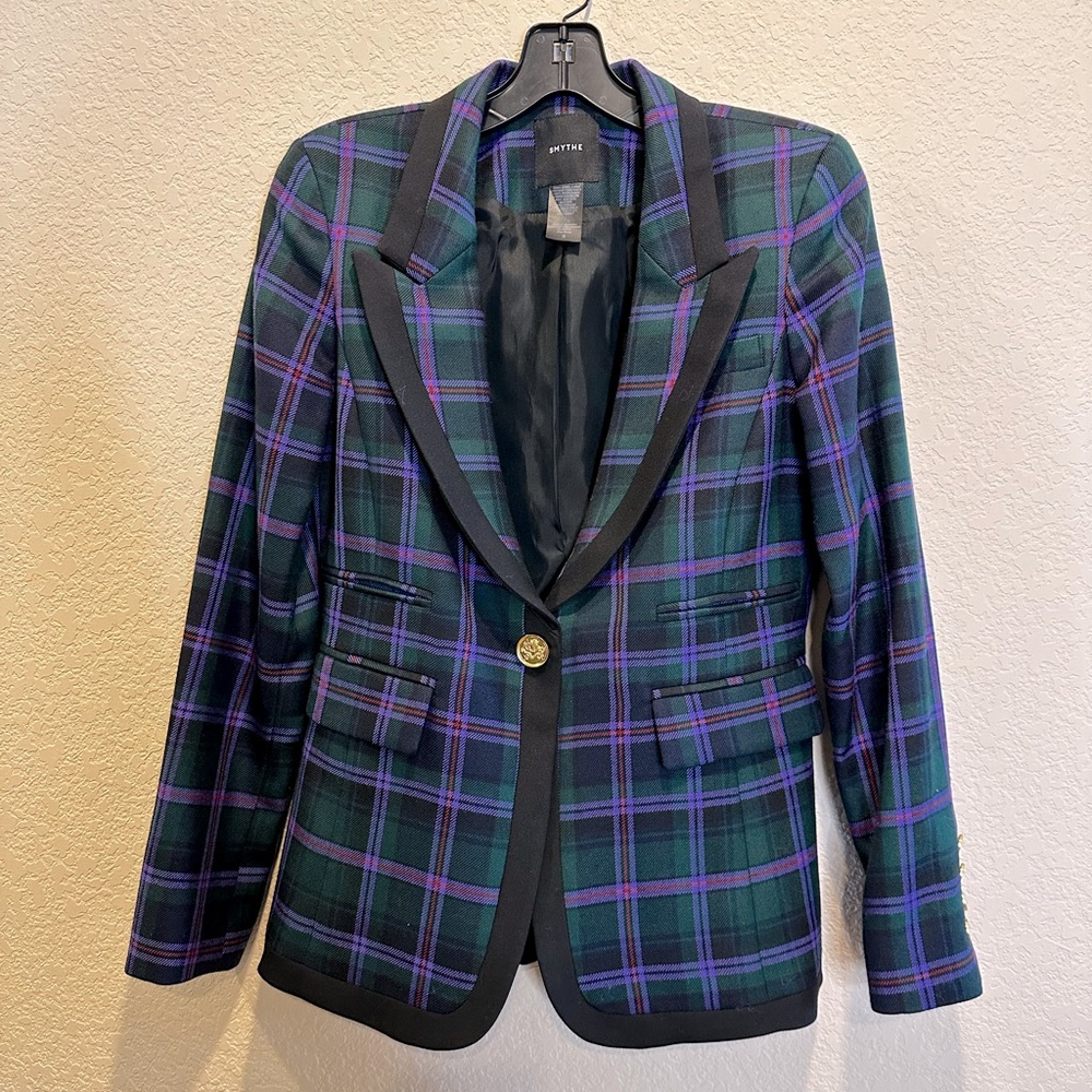 Smythe Taped Peak Lapel purple and green plaid blazer. Size 8 (runs small)